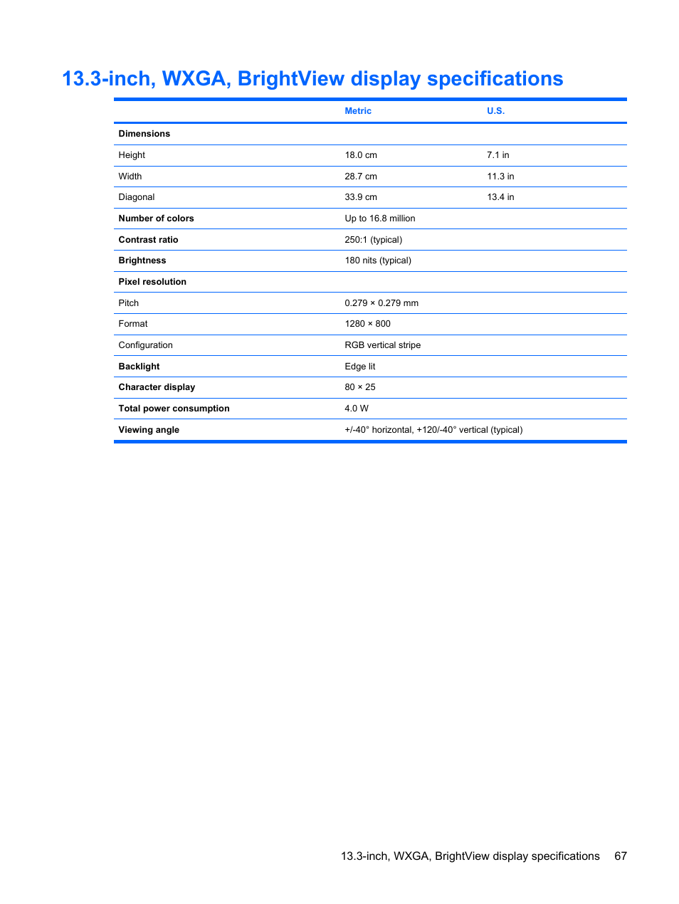 Inch, wxga, brightview display specifications | HP PAVILION DV3 User Manual | Page 75 / 114