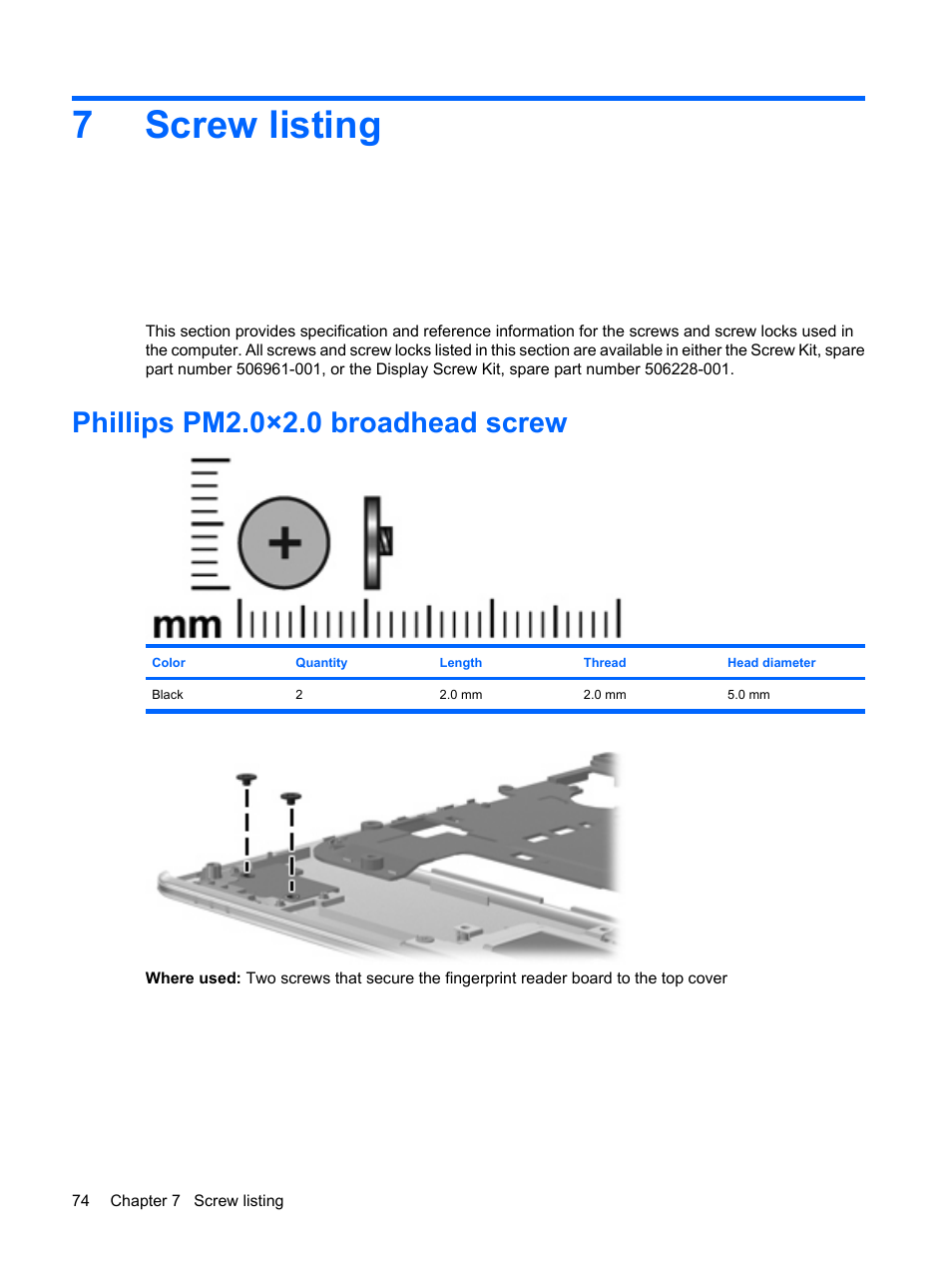 Screw listing, Phillips pm2.0×2.0 broadhead screw, 7 screw listing | 7screw listing | HP PAVILION DV3 User Manual | Page 82 / 114