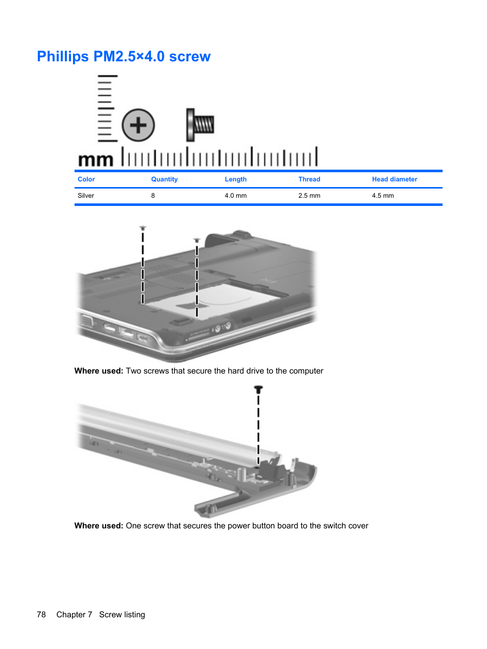 Phillips pm2.5×4.0 screw | HP PAVILION DV3 User Manual | Page 86 / 114