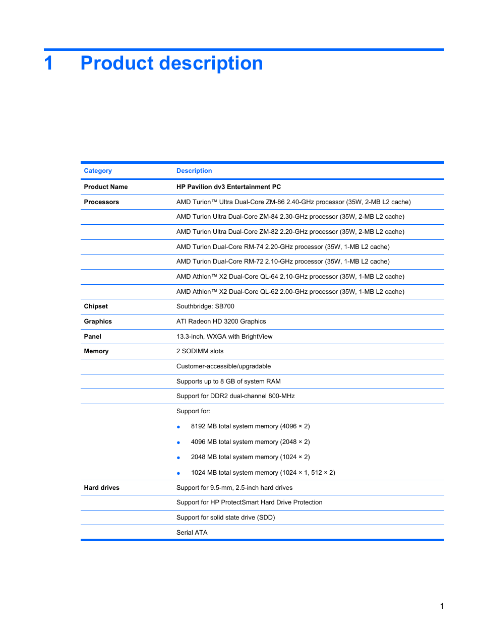Product description, 1 product description, 1product description | HP PAVILION DV3 User Manual | Page 9 / 114