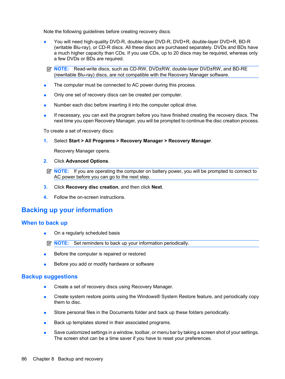 Backing up your information, When to back up, Backup suggestions | When to back up backup suggestions | HP PAVILION DV3 User Manual | Page 94 / 114