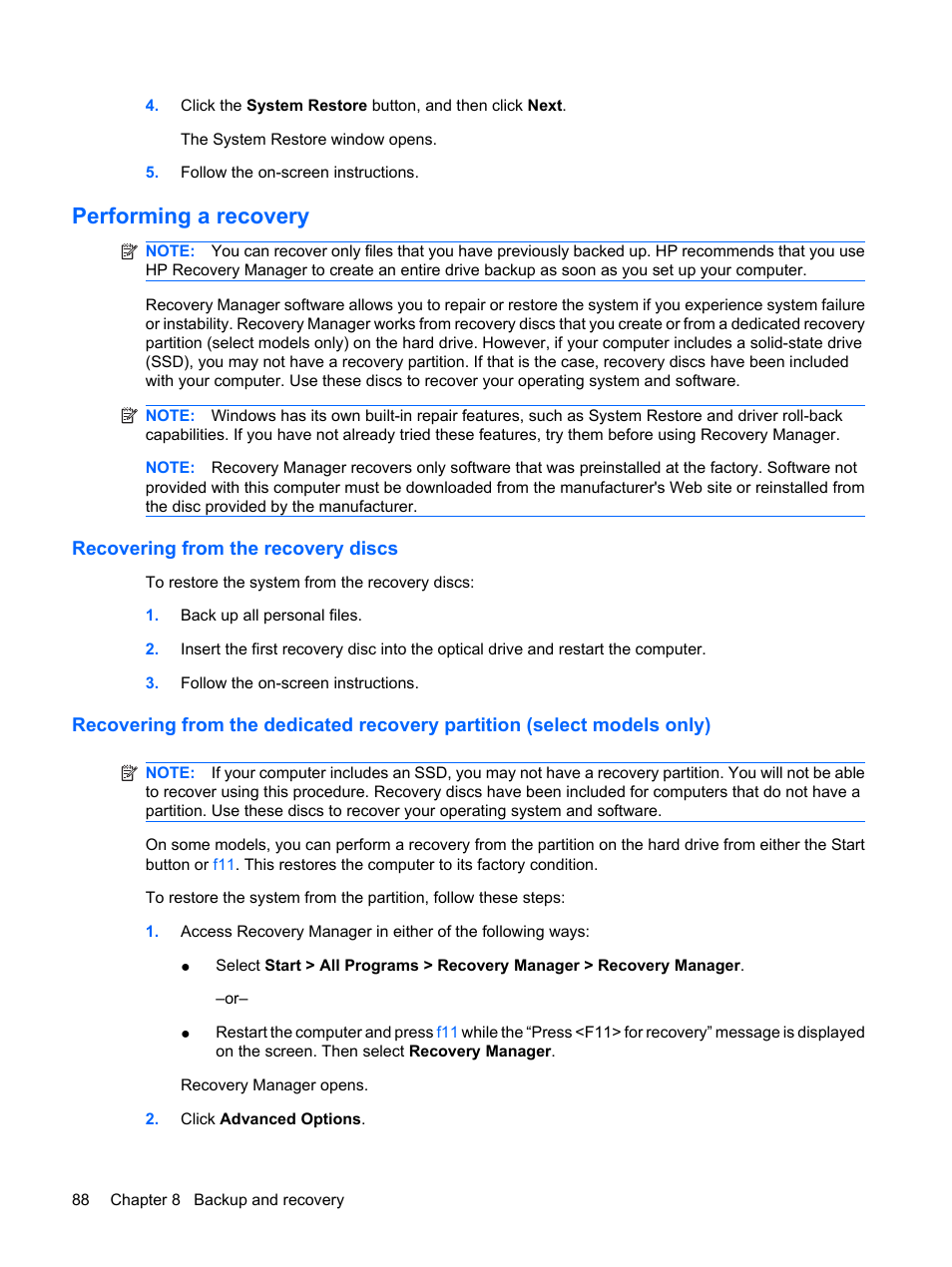 Performing a recovery, Recovering from the recovery discs | HP PAVILION DV3 User Manual | Page 96 / 114