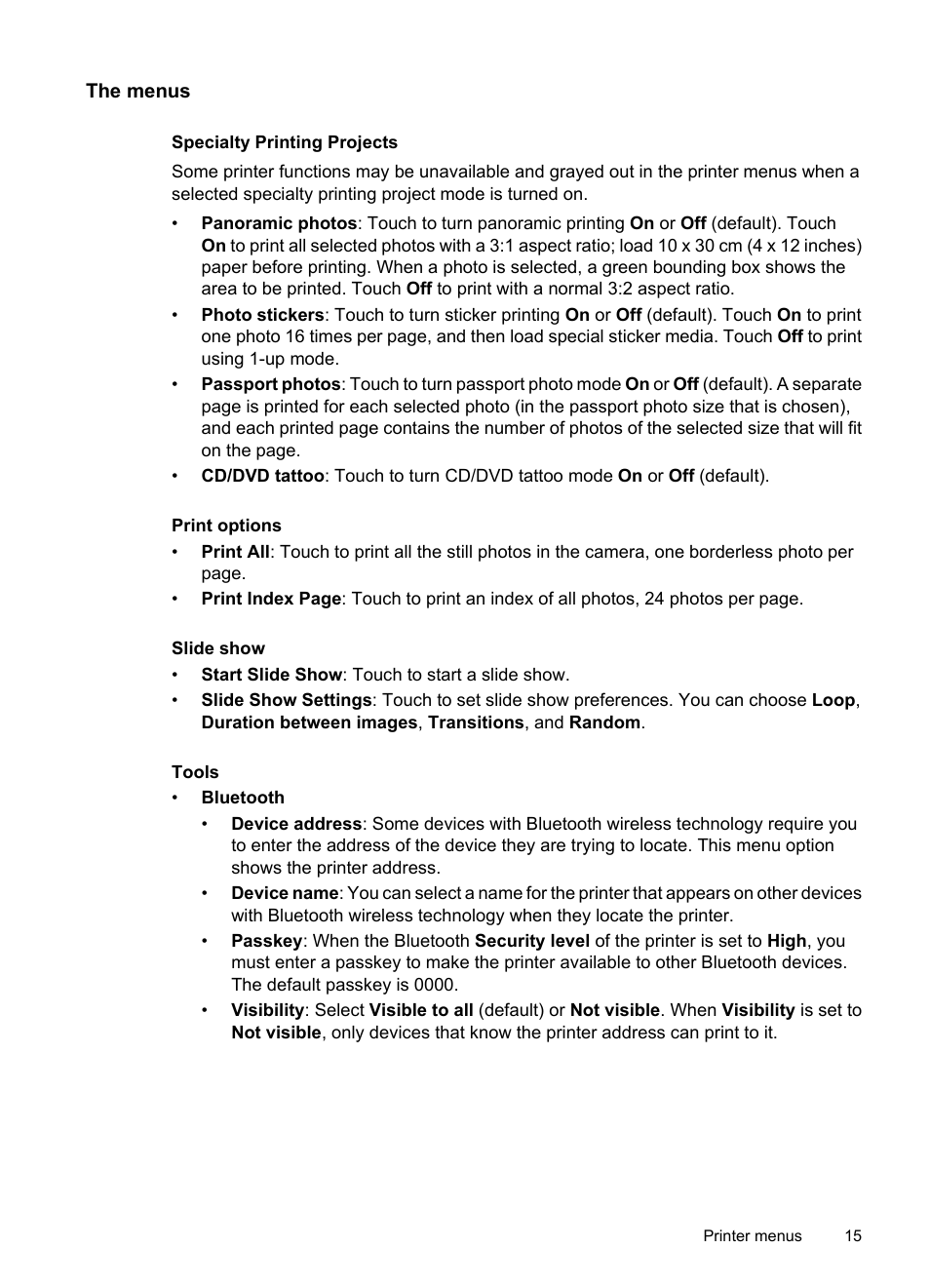 The menus | HP PhotoSmart A620 Series User Manual | Page 16 / 88