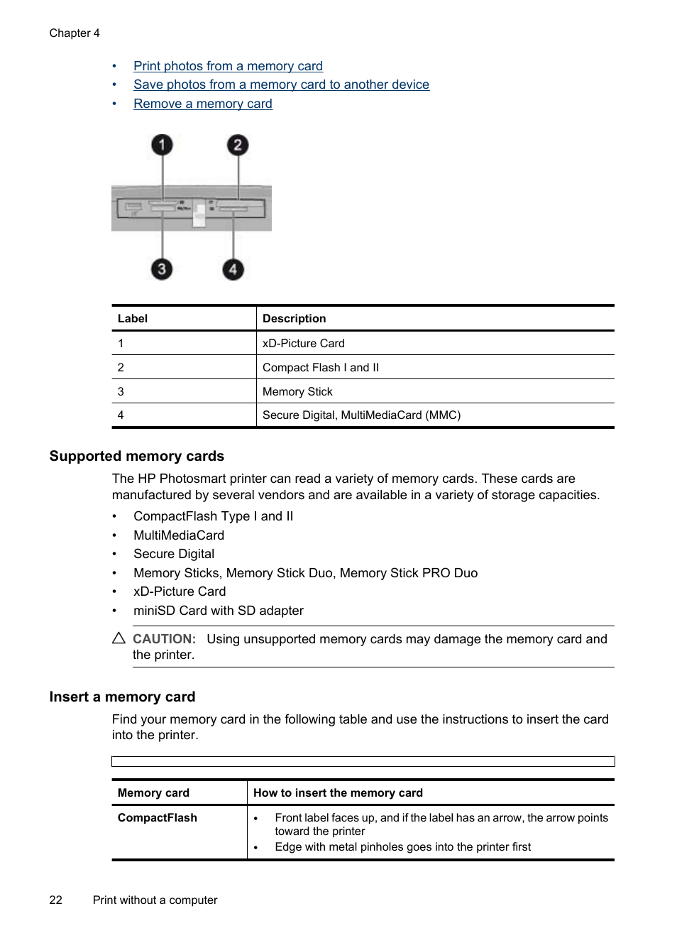 Supported memory cards, Insert a memory card | HP PhotoSmart A620 Series User Manual | Page 23 / 88