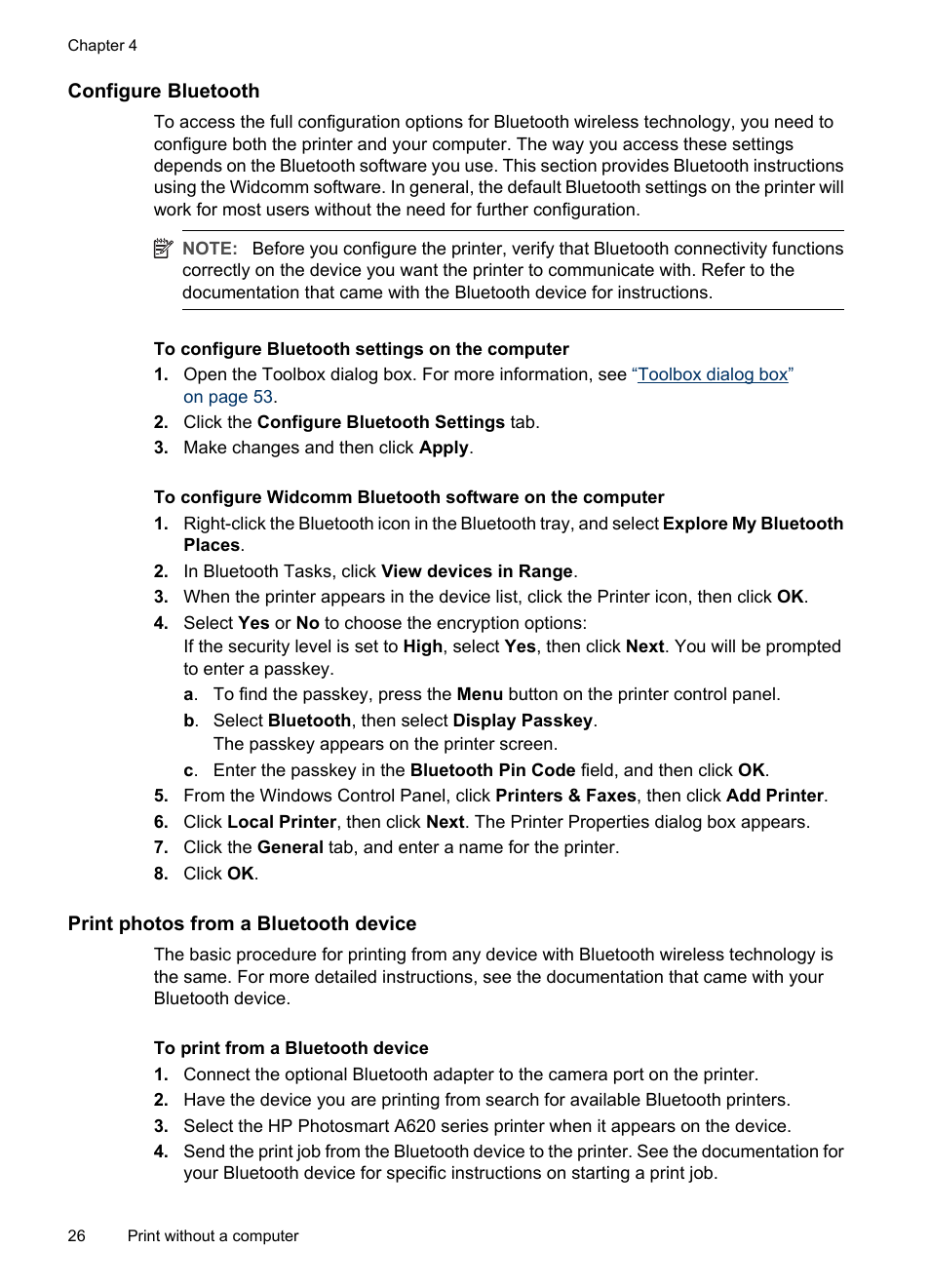 Configure bluetooth, Print photos from a bluetooth device | HP PhotoSmart A620 Series User Manual | Page 27 / 88