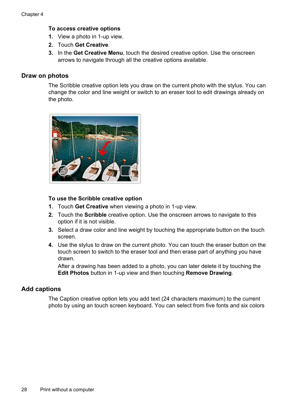 Draw on photos, Add captions | HP PhotoSmart A620 Series User Manual | Page 29 / 88