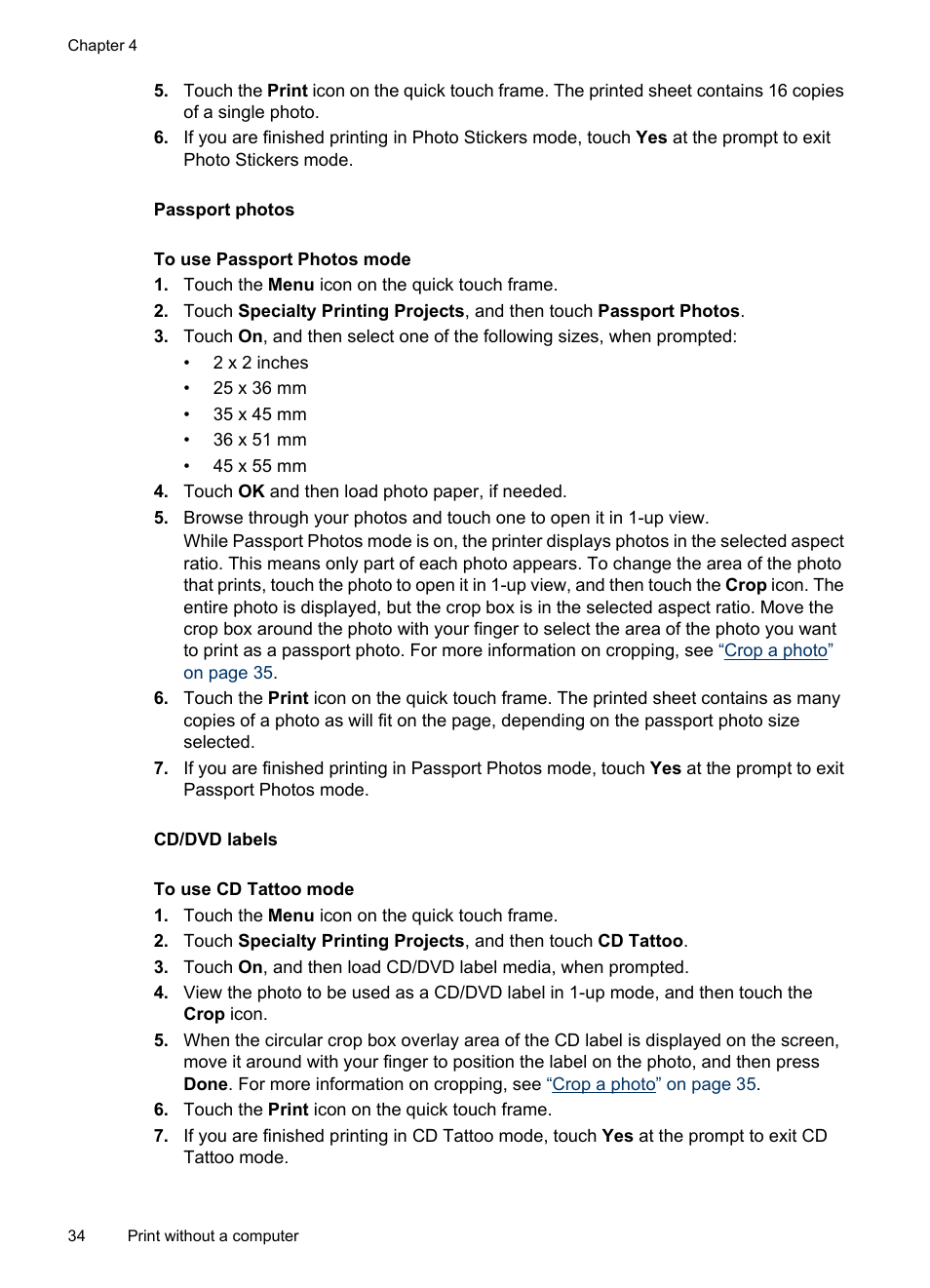 Passport photos, Cd/dvd labels | HP PhotoSmart A620 Series User Manual | Page 35 / 88