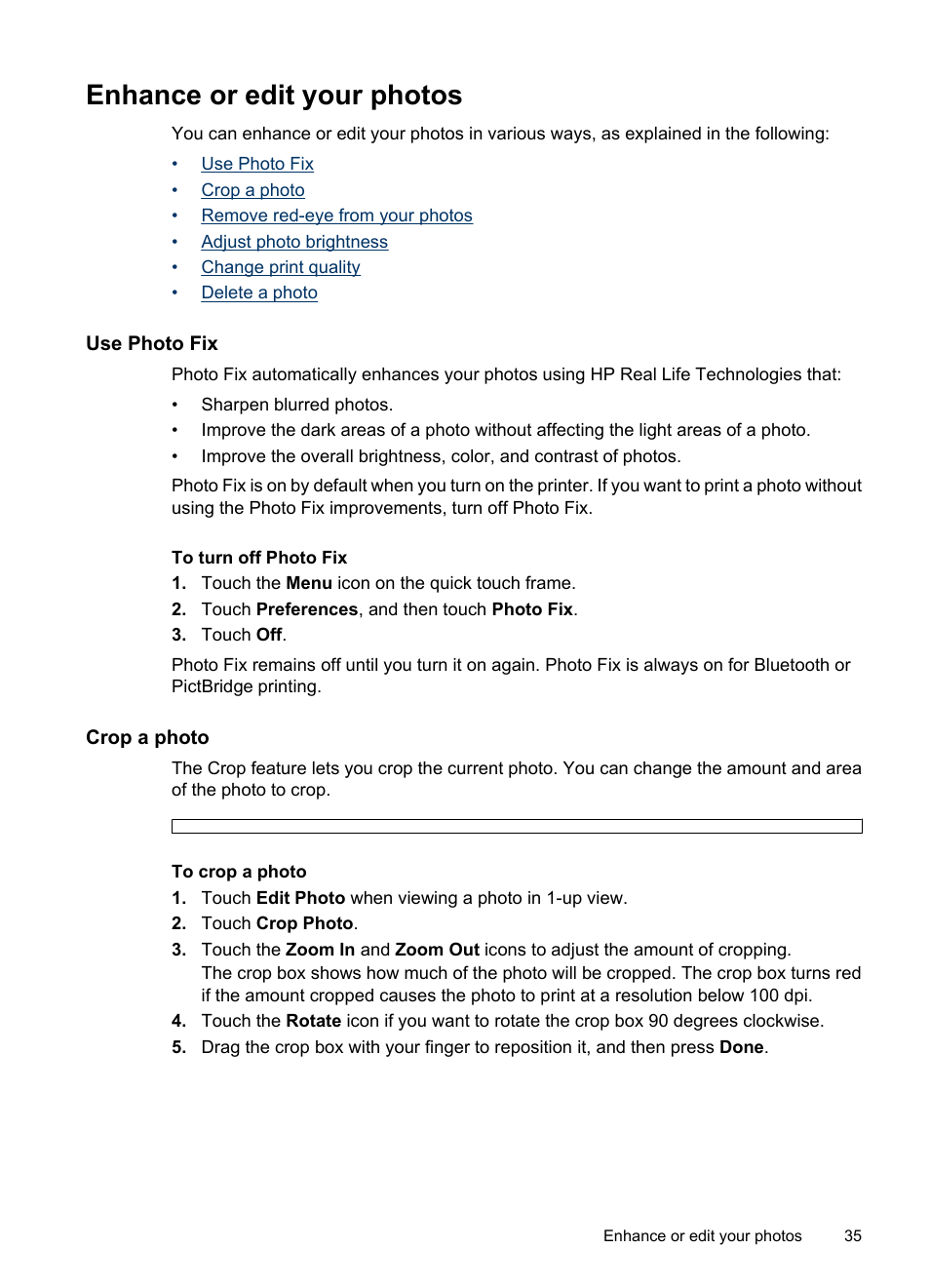 Enhance or edit your photos, Use photo fix, Crop a photo | Crop | HP PhotoSmart A620 Series User Manual | Page 36 / 88