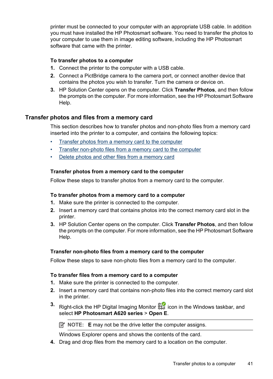 Transfer photos and files from a memory card, Transfer photos from a memory card to the computer | HP PhotoSmart A620 Series User Manual | Page 42 / 88