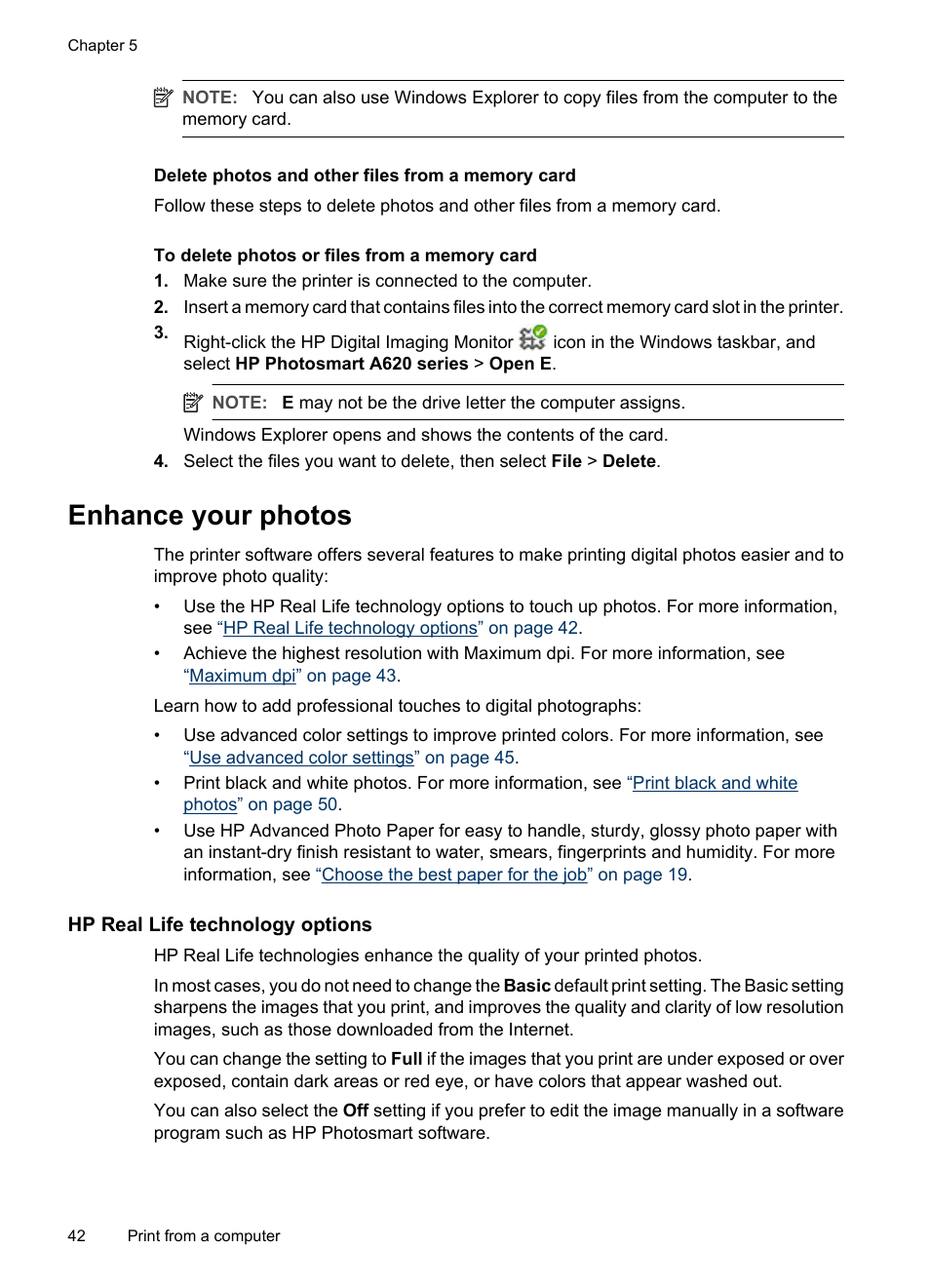 Delete photos and other files from a memory card, Enhance your photos, Hp real life technology options | Hp real life technology options maximum dpi | HP PhotoSmart A620 Series User Manual | Page 43 / 88