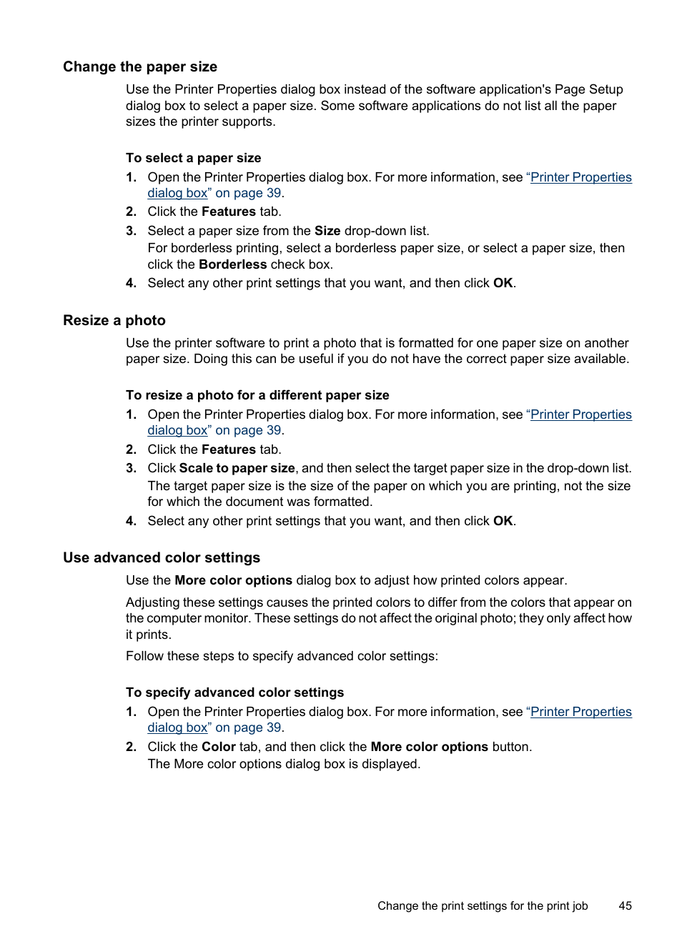 Change the paper size, Resize a photo, Use advanced color settings | HP PhotoSmart A620 Series User Manual | Page 46 / 88