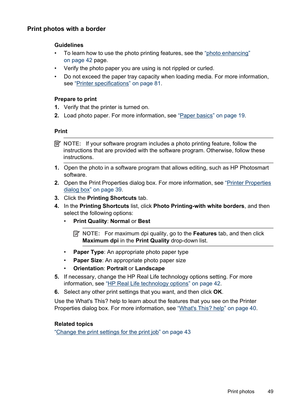 Print photos with a border | HP PhotoSmart A620 Series User Manual | Page 50 / 88