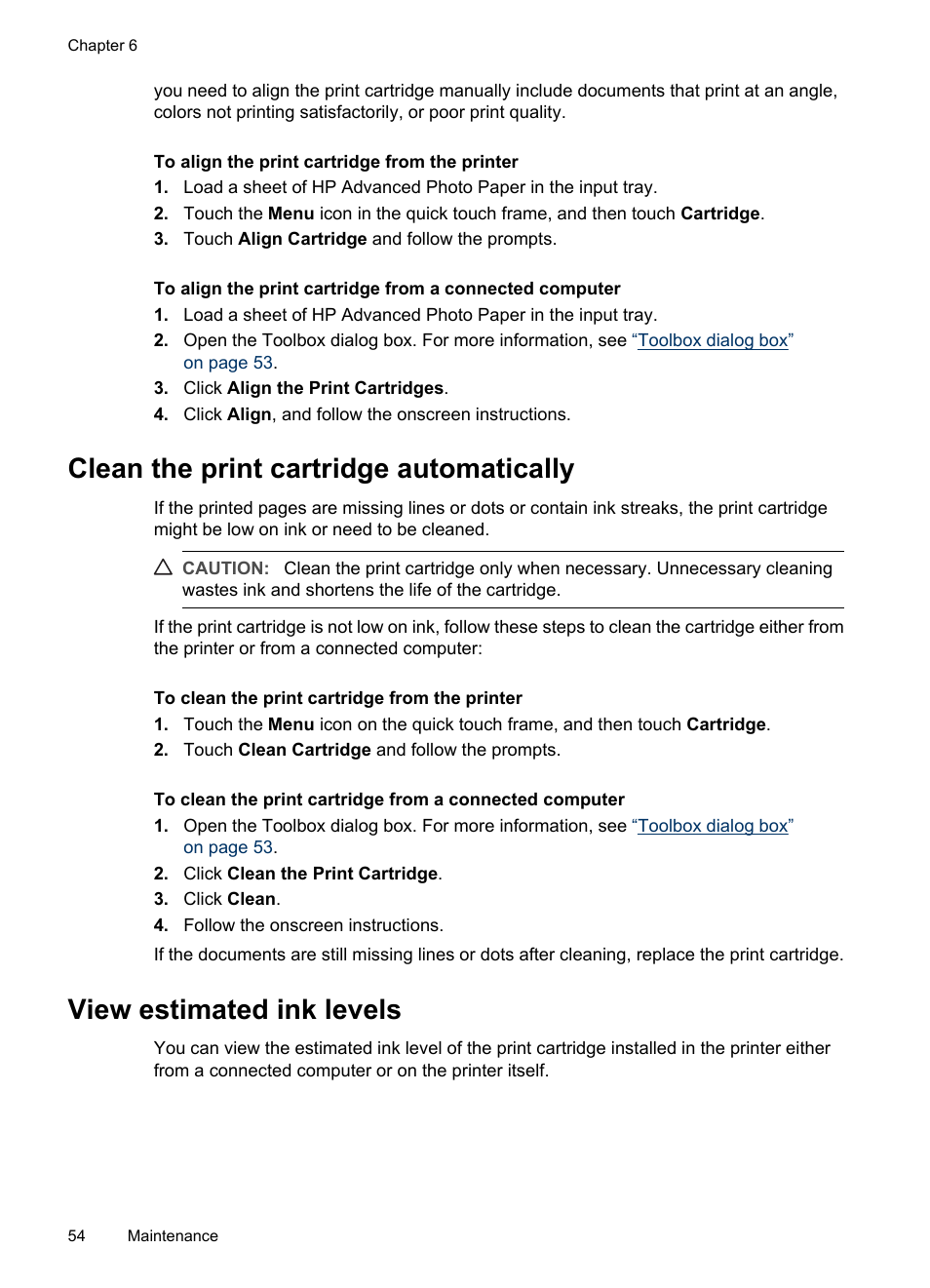 Clean the print cartridge automatically, View estimated ink levels | HP PhotoSmart A620 Series User Manual | Page 55 / 88