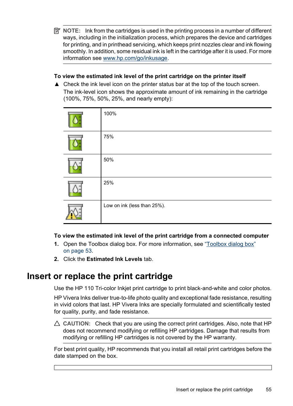 Insert or replace the print cartridge | HP PhotoSmart A620 Series User Manual | Page 56 / 88