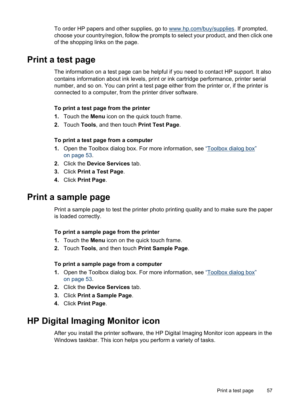 Hp digital imaging monitor icon, Print a test page, Print a sample page | HP PhotoSmart A620 Series User Manual | Page 58 / 88