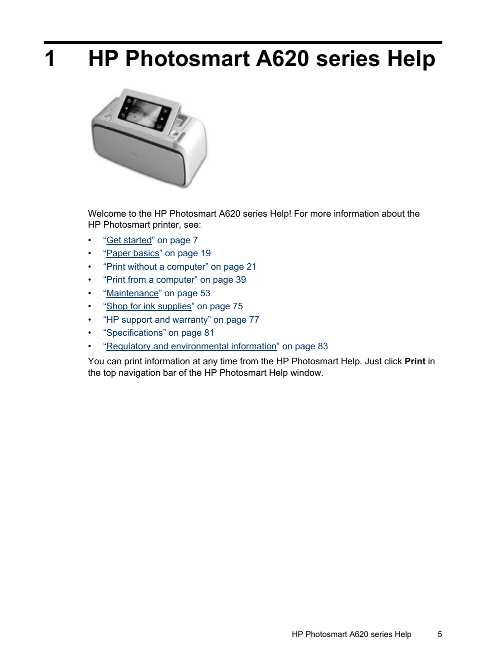 Hp photosmart a620 series help, 1 hp photosmart a620 series help, 1hp photosmart a620 series help | HP PhotoSmart A620 Series User Manual | Page 6 / 88