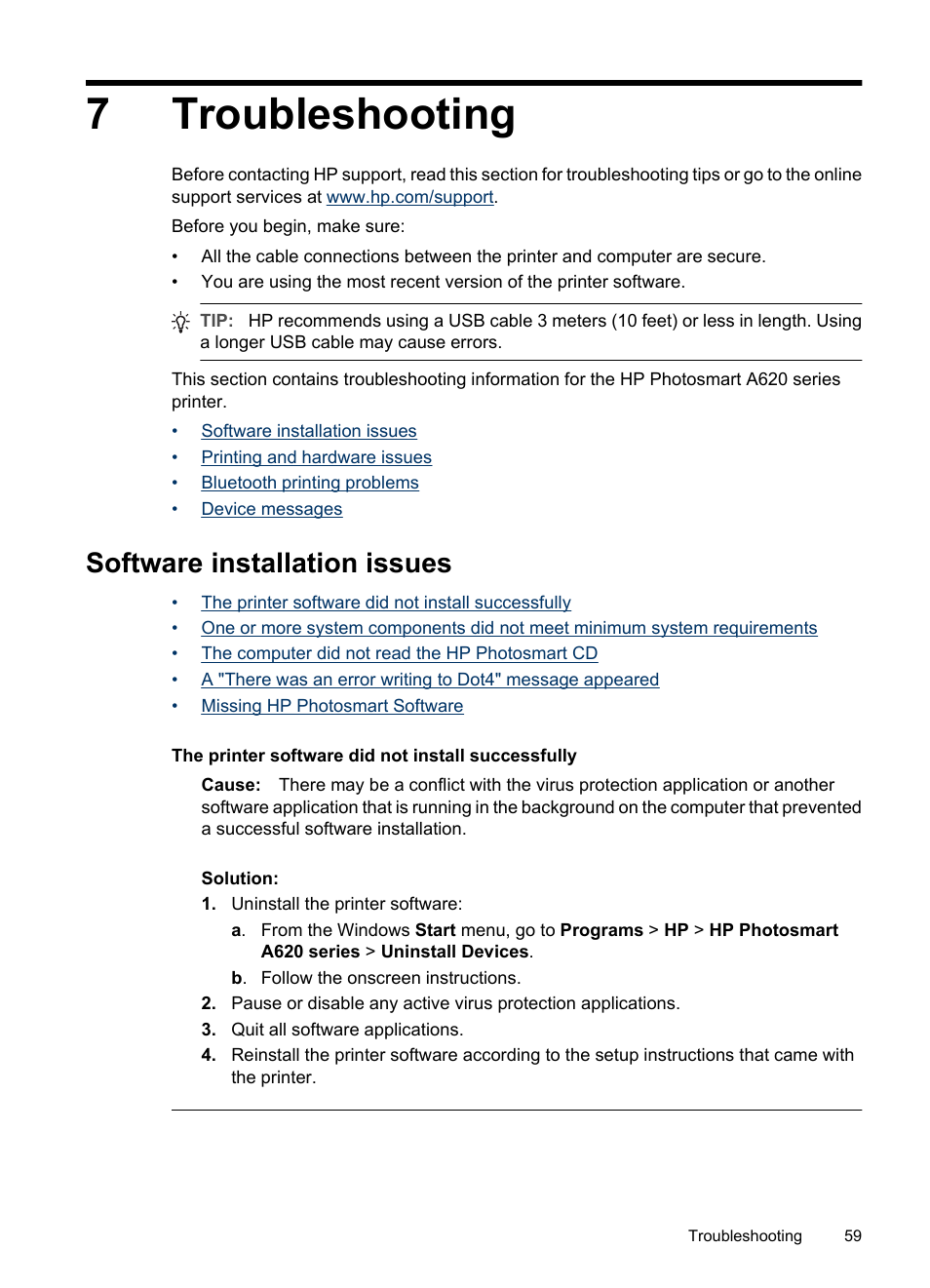 Troubleshooting, Software installation issues, 7 troubleshooting | 7troubleshooting | HP PhotoSmart A620 Series User Manual | Page 60 / 88