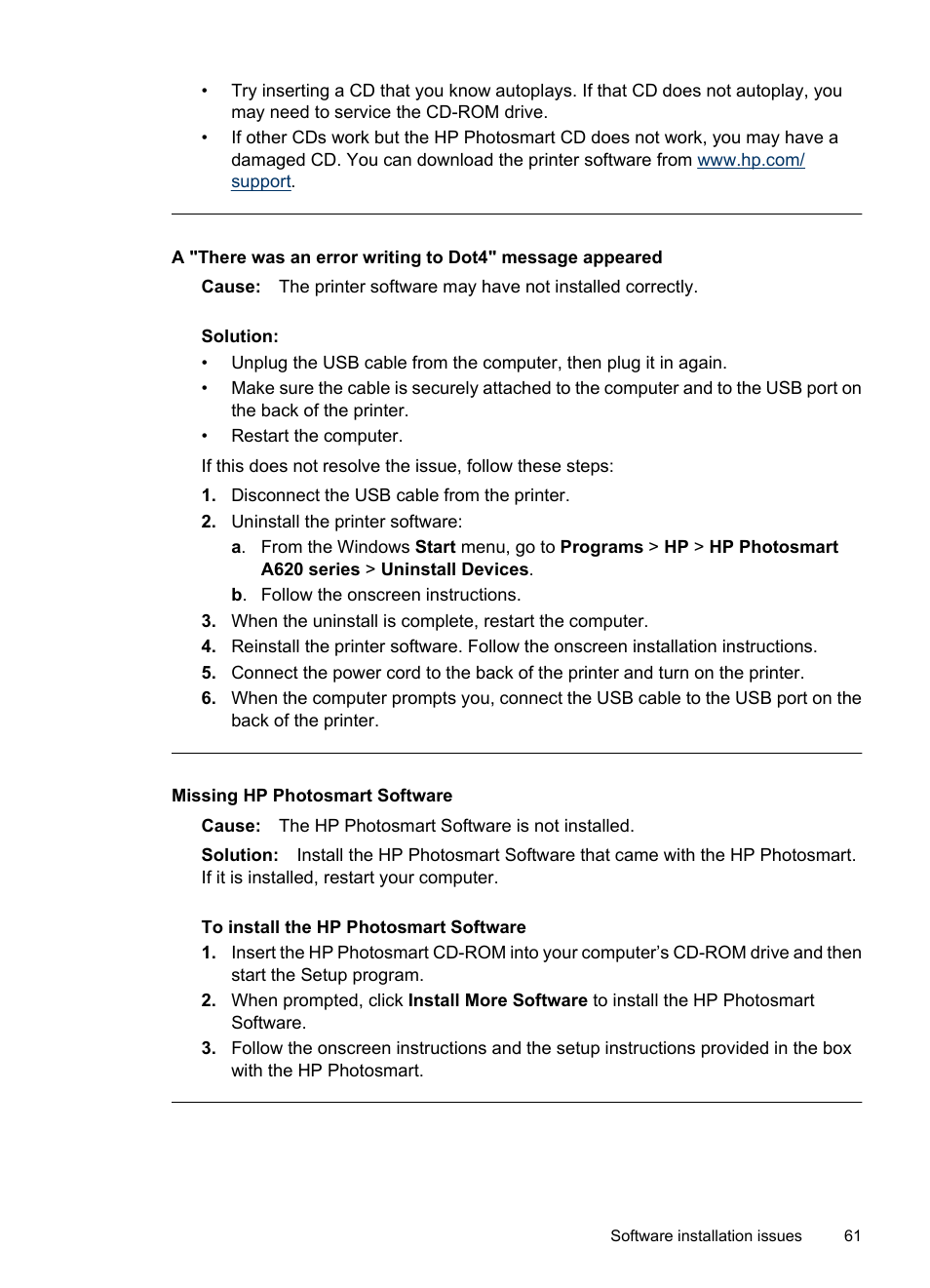 Missing hp photosmart software | HP PhotoSmart A620 Series User Manual | Page 62 / 88