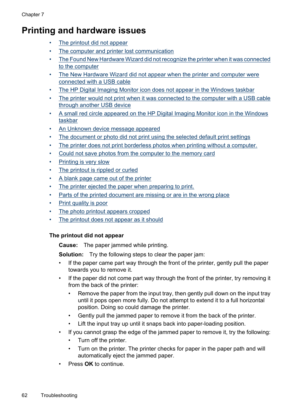 Printing and hardware issues | HP PhotoSmart A620 Series User Manual | Page 63 / 88