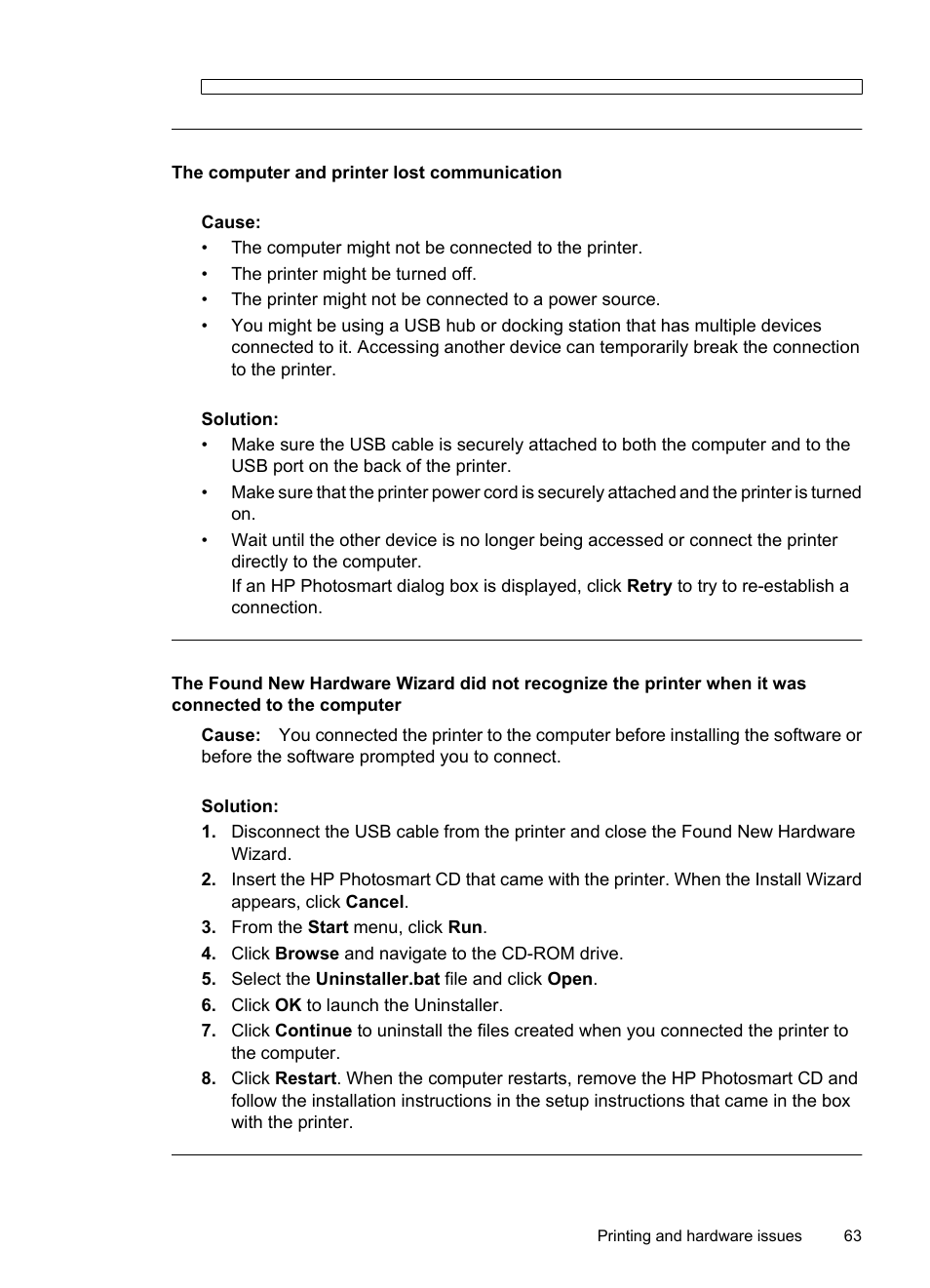 The computer and printer lost communication | HP PhotoSmart A620 Series User Manual | Page 64 / 88