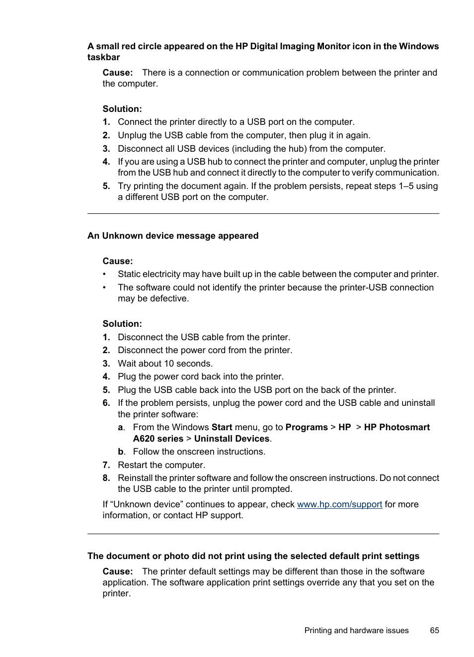 An unknown device message appeared | HP PhotoSmart A620 Series User Manual | Page 66 / 88