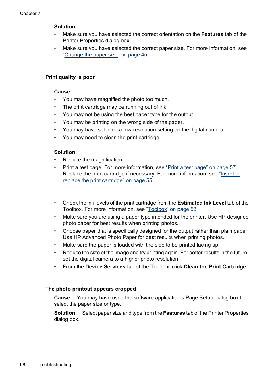 Print quality is poor, The photo printout appears cropped | HP PhotoSmart A620 Series User Manual | Page 69 / 88