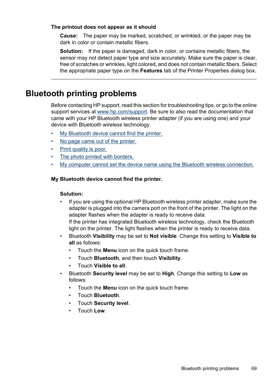 Bluetooth printing problems, The printout does not appear as it should | HP PhotoSmart A620 Series User Manual | Page 70 / 88