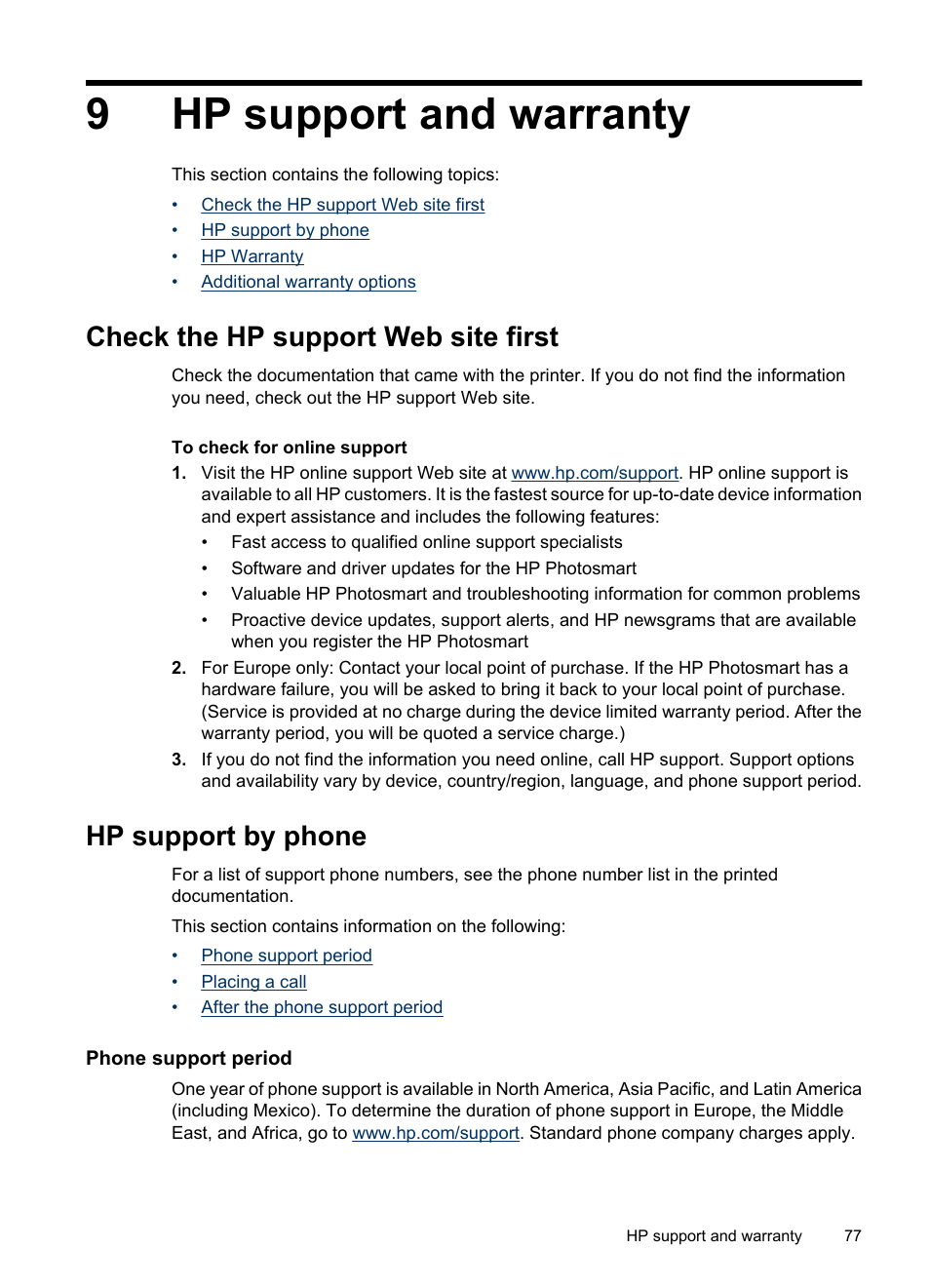 Hp support and warranty, Check the hp support web site first, Hp support by phone | Phone support period, 9 hp support and warranty, 9hp support and warranty | HP PhotoSmart A620 Series User Manual | Page 78 / 88