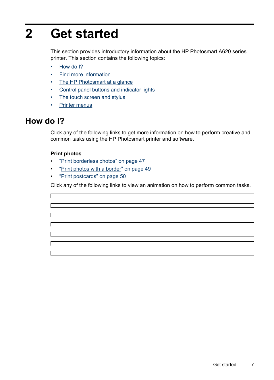 Get started, How do i, 2 get started | 2get started | HP PhotoSmart A620 Series User Manual | Page 8 / 88