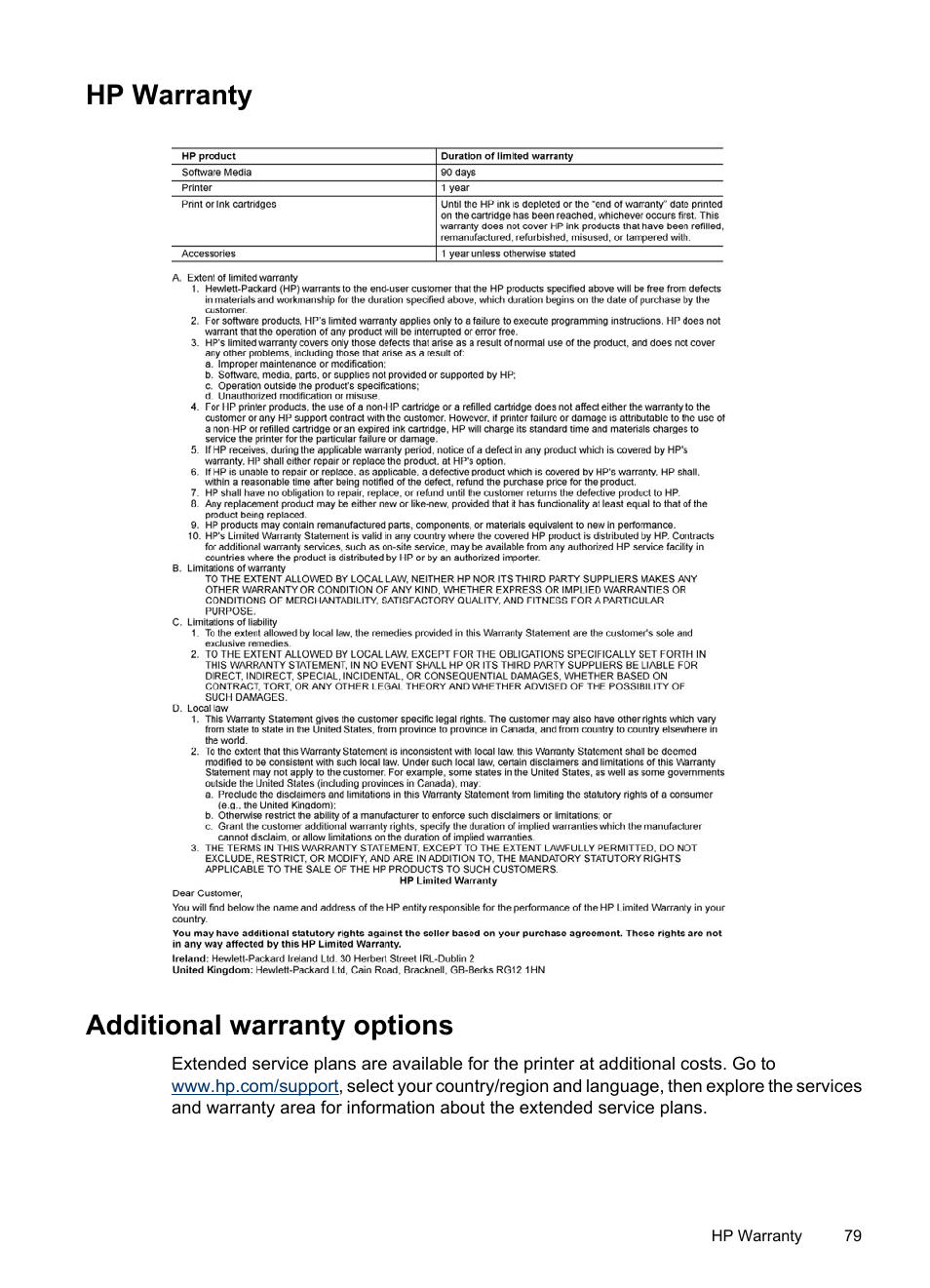 Hp warranty, Additional warranty options, Hp warranty additional warranty options | HP PhotoSmart A620 Series User Manual | Page 80 / 88