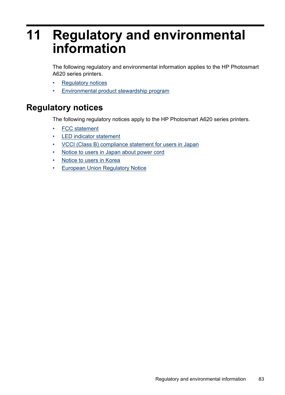 Regulatory and environmental information, Regulatory notices, 11 regulatory and environmental information | HP PhotoSmart A620 Series User Manual | Page 84 / 88