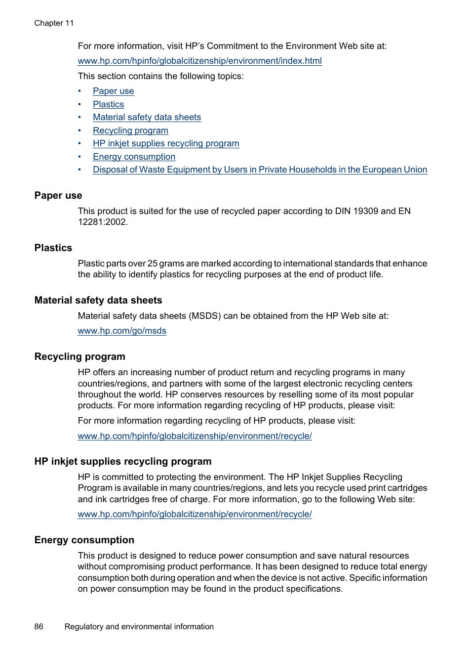 Paper use, Plastics, Material safety data sheets | Recycling program, Hp inkjet supplies recycling program, Energy consumption | HP PhotoSmart A620 Series User Manual | Page 87 / 88