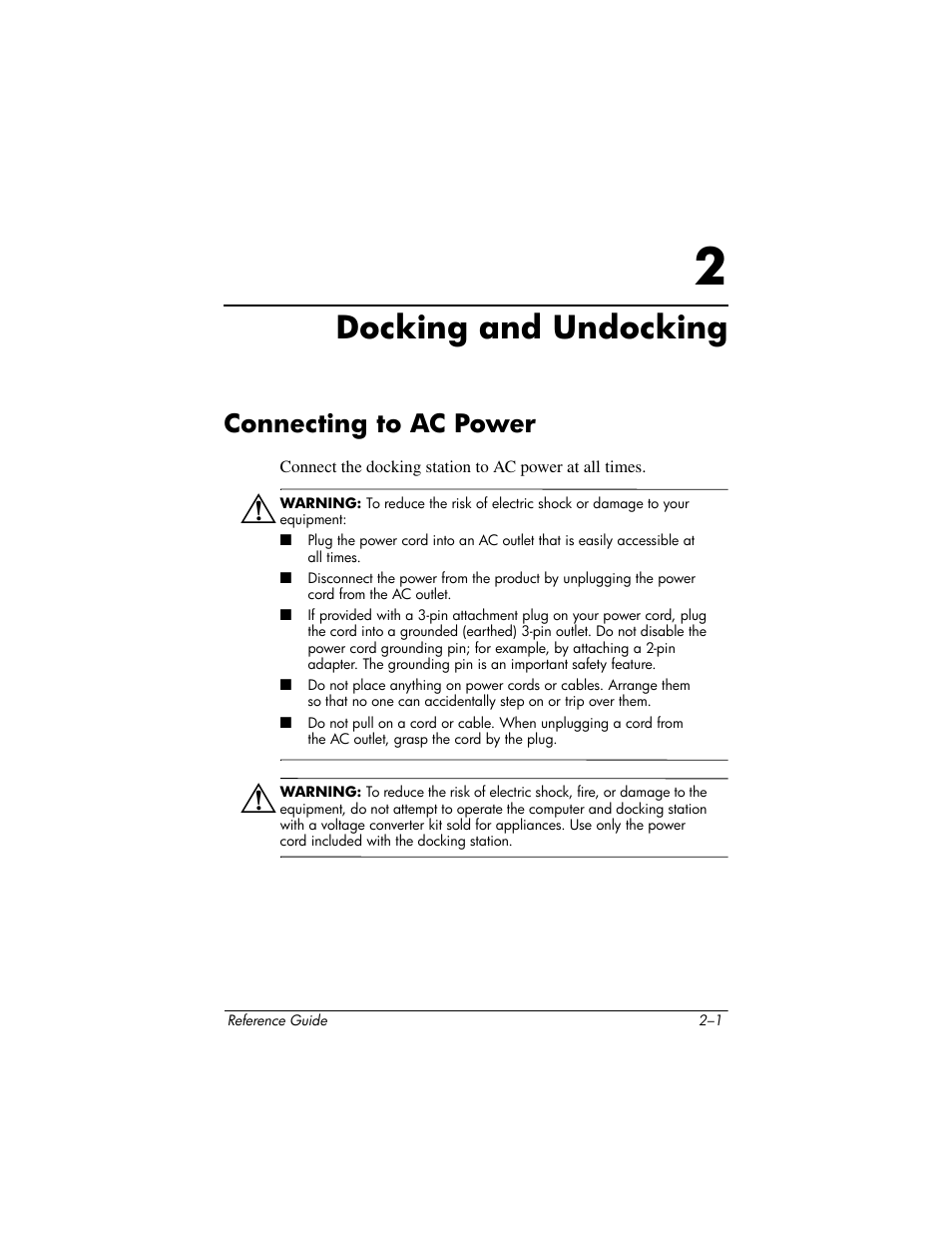 Docking and undocking, Connecting to ac power, 2 docking and undocking | Connecting to ac power –1 | HP 367055-002 User Manual | Page 11 / 26