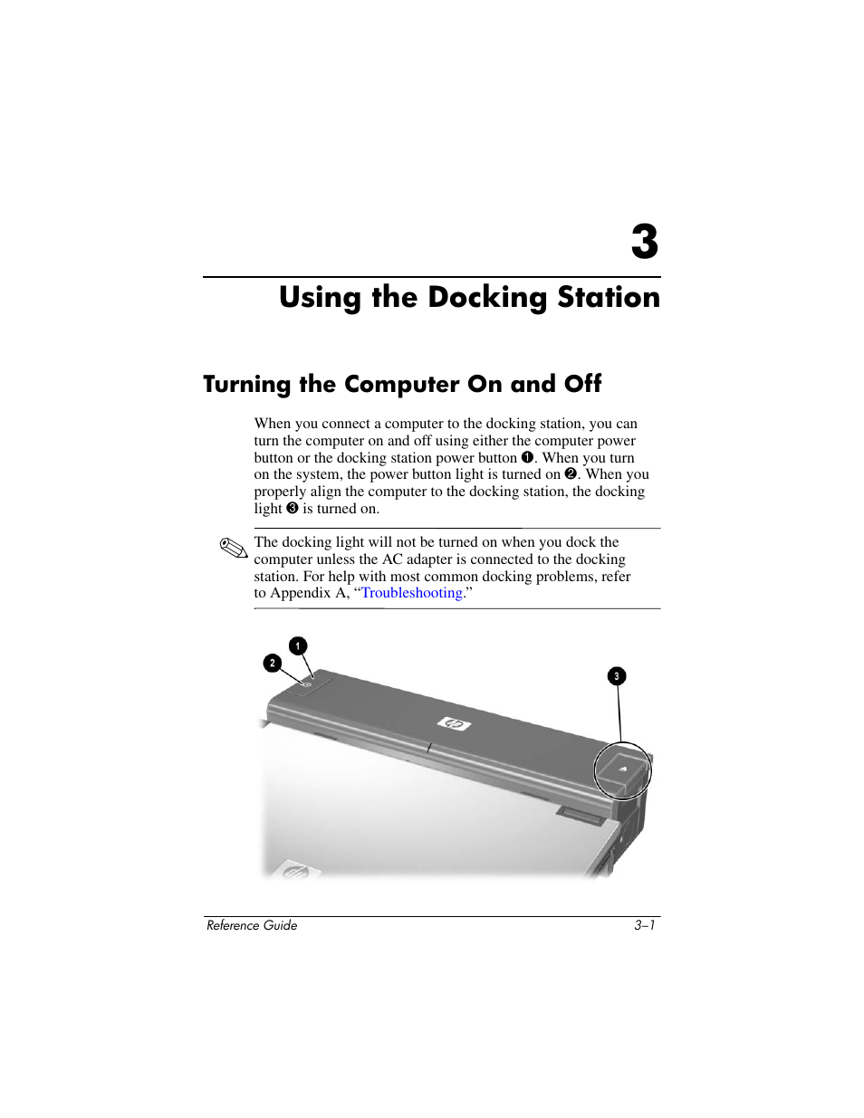 Using the docking station, Turning the computer on and off, 3 using the docking station | Turning the computer on and off –1 | HP 367055-002 User Manual | Page 17 / 26