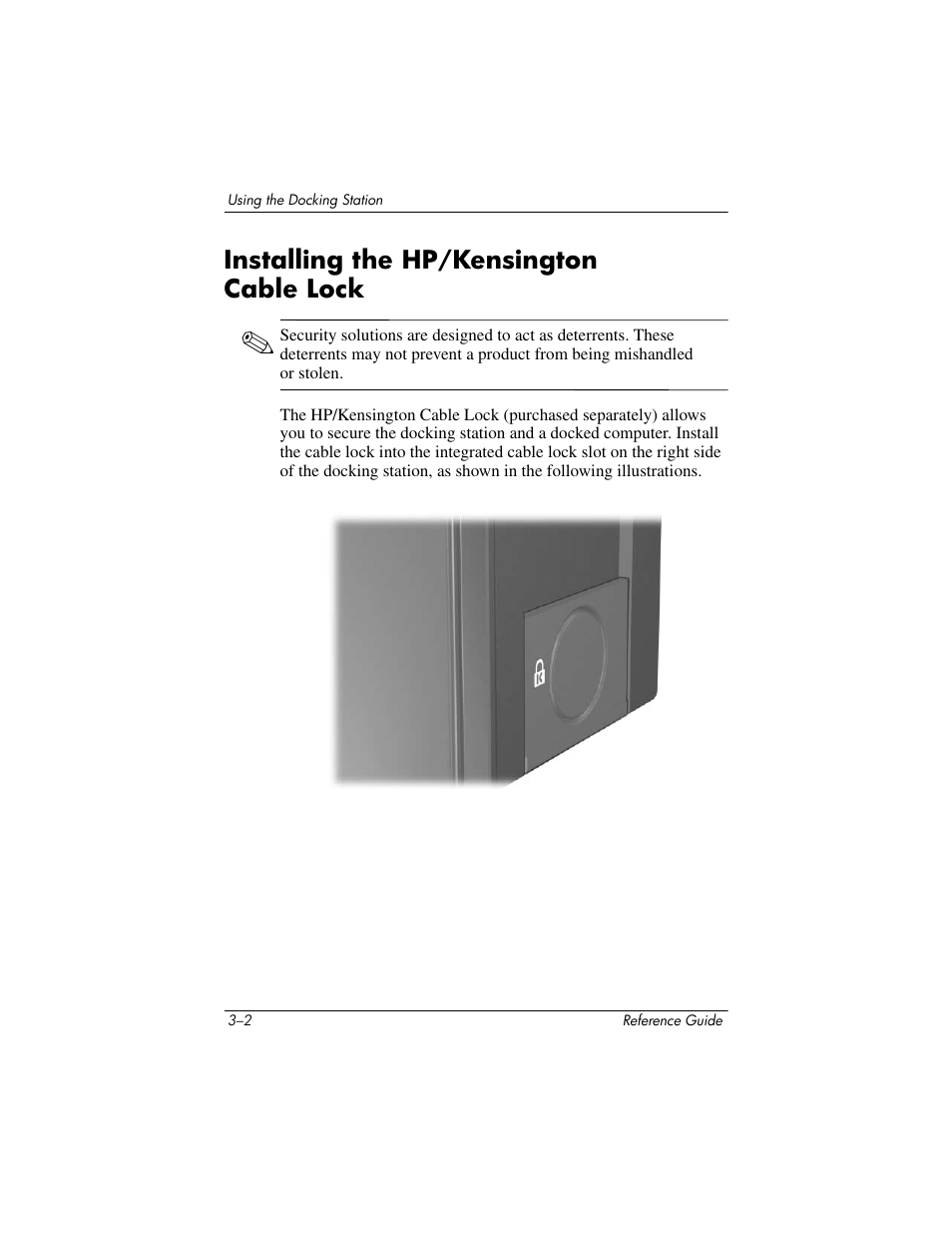 Installing the hp/kensington cable lock, Installing the hp/kensington cable lock –2 | HP 367055-002 User Manual | Page 18 / 26