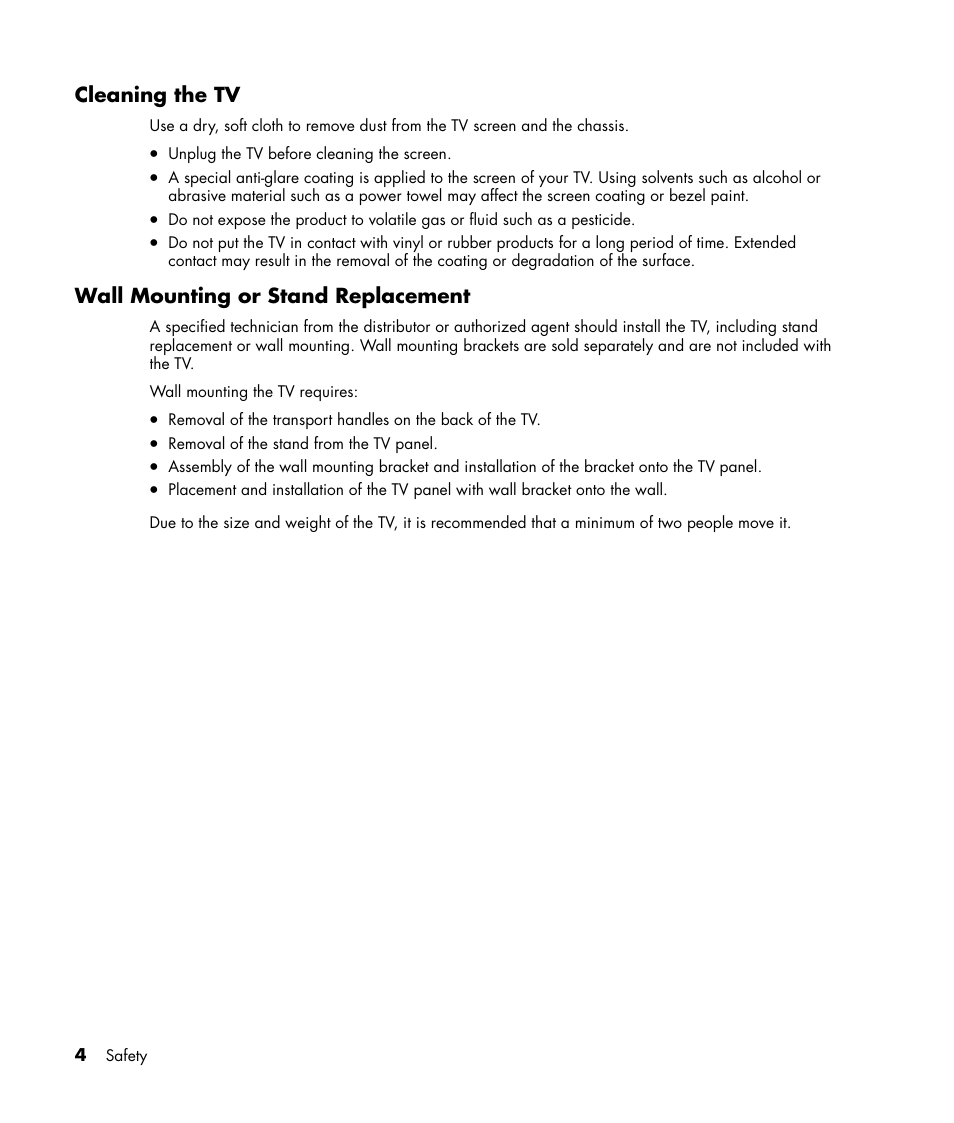 Cleaning the tv, Wall mounting or stand replacement | HP LC3040N User Manual | Page 10 / 60