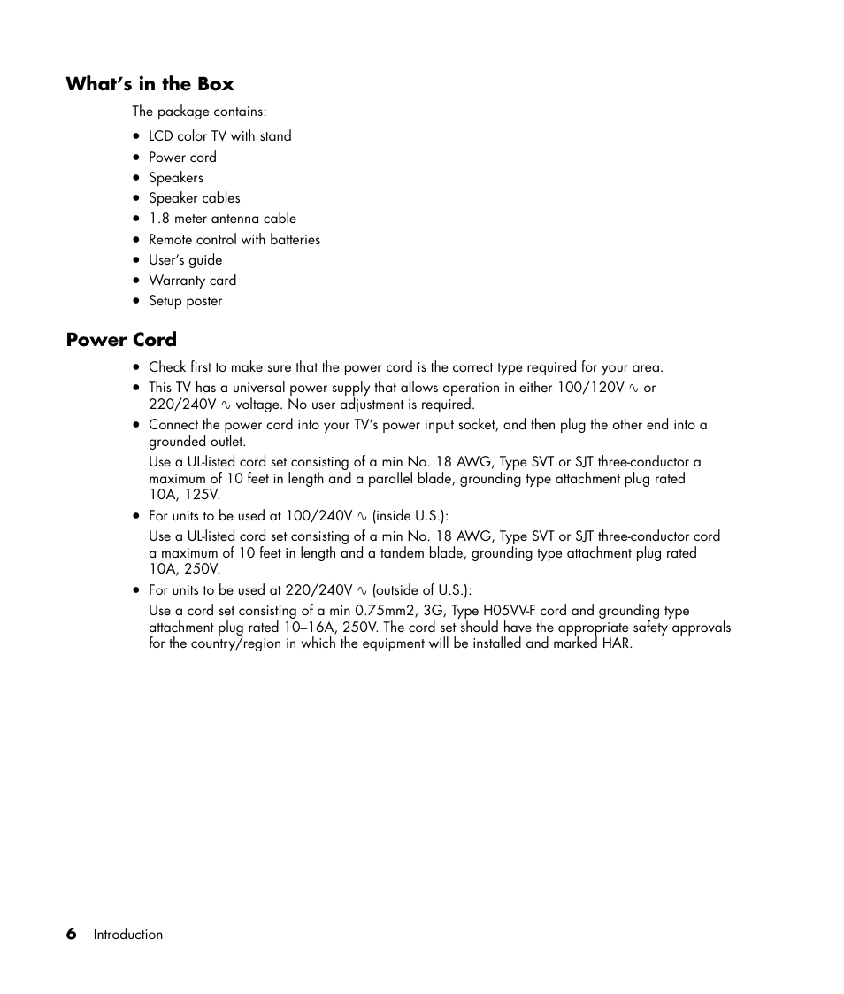 What’s in the box, Power cord | HP LC3040N User Manual | Page 12 / 60