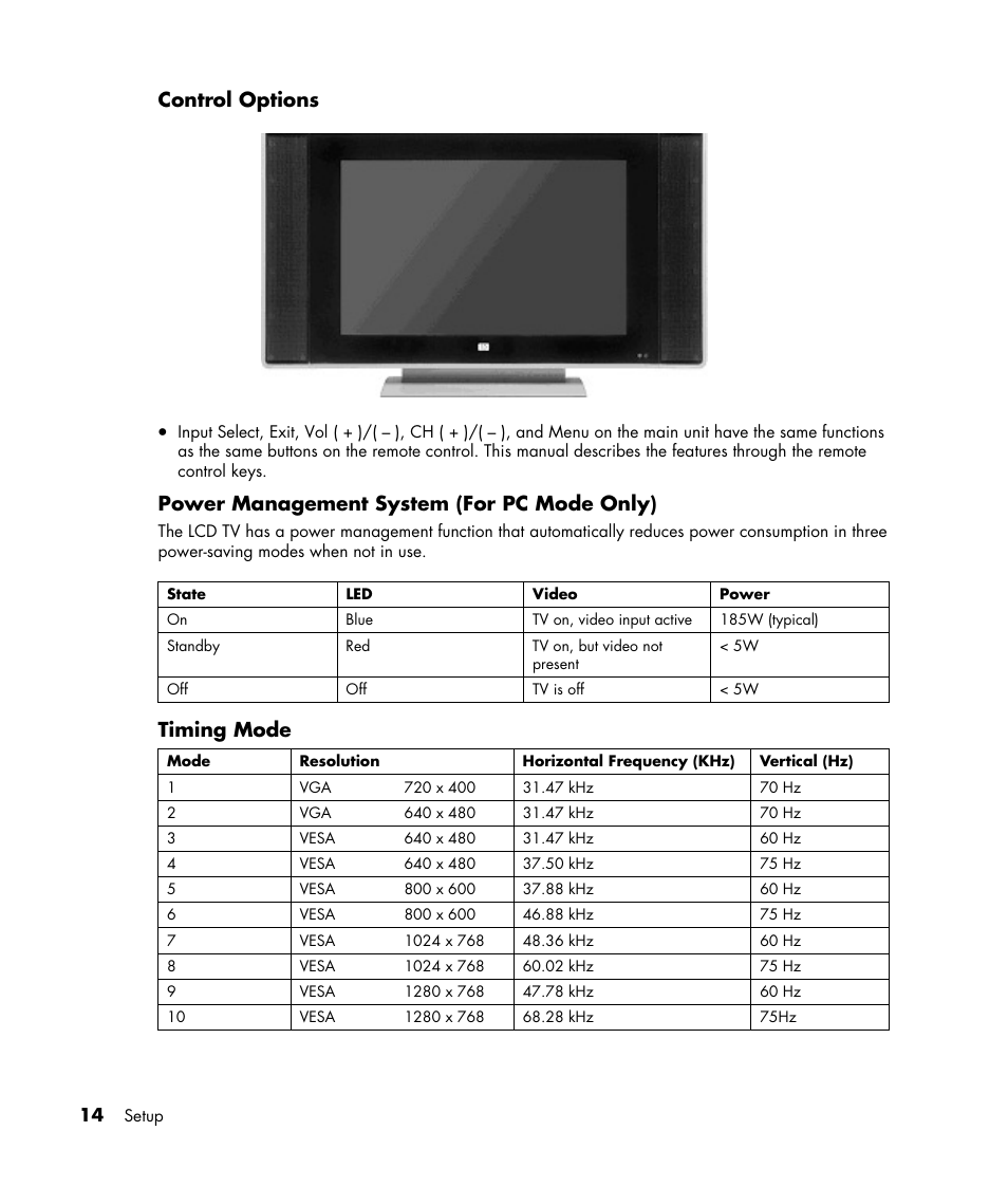 Control options, Power management system (for pc mode only), Timing mode | HP LC3040N User Manual | Page 20 / 60