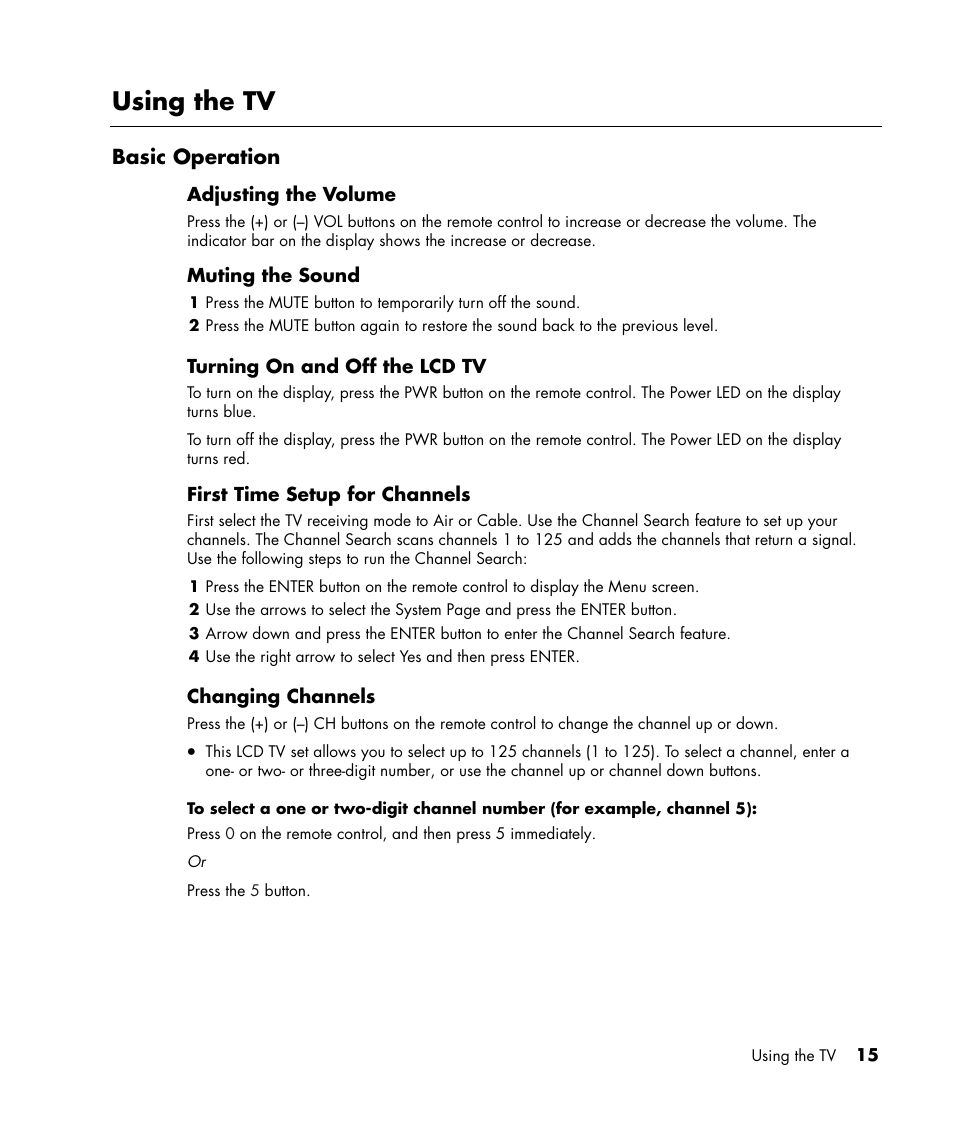 Using the tv, Basic operation | HP LC3040N User Manual | Page 21 / 60