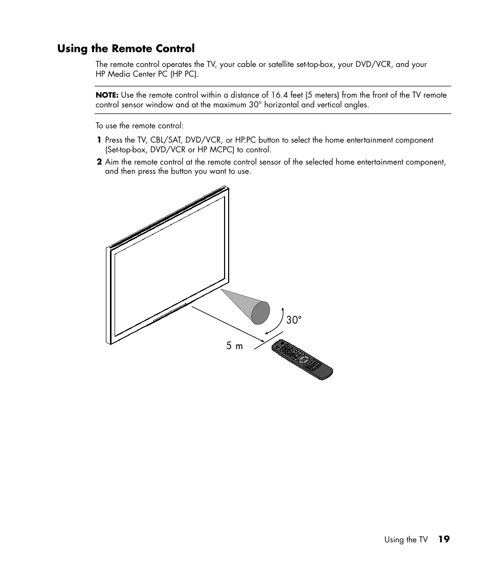 Using the remote control, 5 m 30º | HP LC3040N User Manual | Page 25 / 60