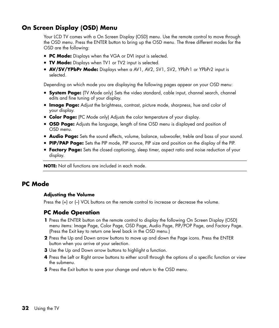 On screen display (osd) menu, Pc mode | HP LC3040N User Manual | Page 38 / 60
