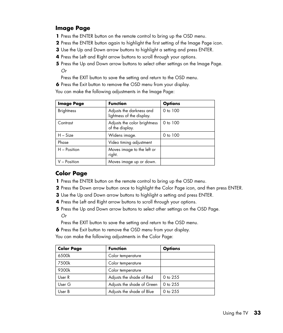 Image page, Color page | HP LC3040N User Manual | Page 39 / 60