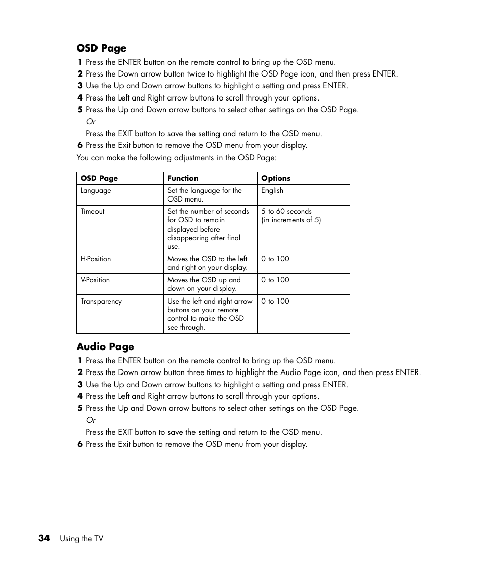Osd page, Audio page | HP LC3040N User Manual | Page 40 / 60