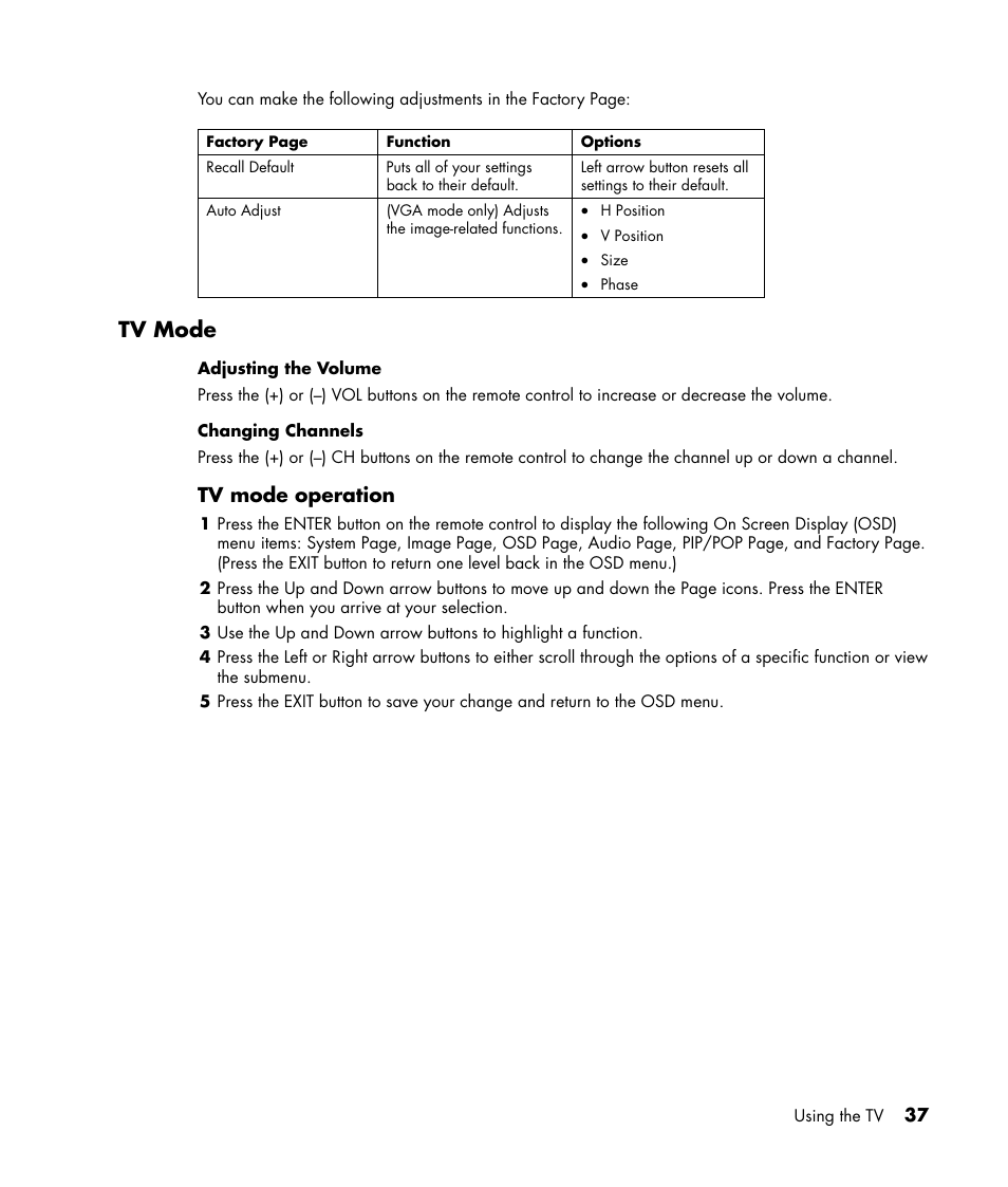 Tv mode, Tv mode operation | HP LC3040N User Manual | Page 43 / 60