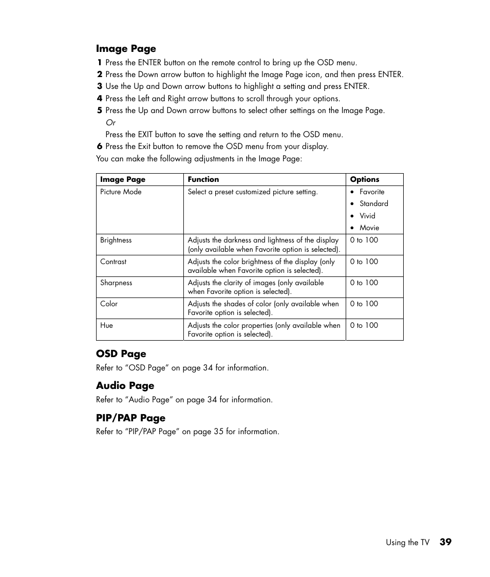 Image page, Osd page, Audio page | Pip/pap page | HP LC3040N User Manual | Page 45 / 60