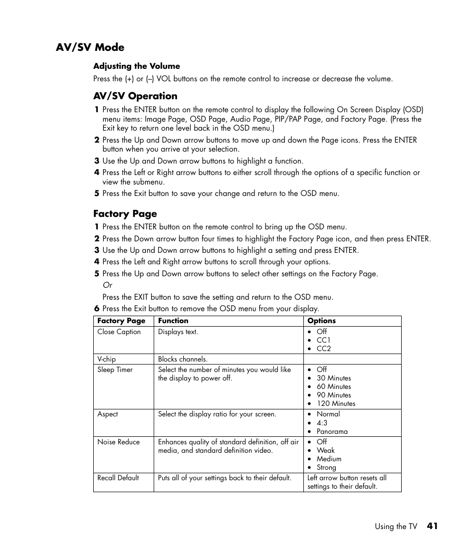 Av/sv mode, Av/sv operation, Factory page | HP LC3040N User Manual | Page 47 / 60