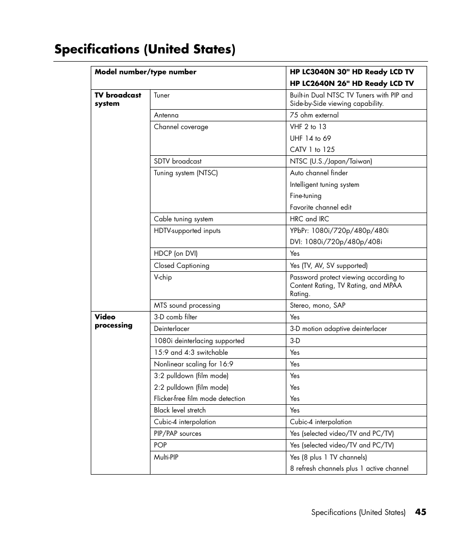 Specifications (united states) | HP LC3040N User Manual | Page 51 / 60