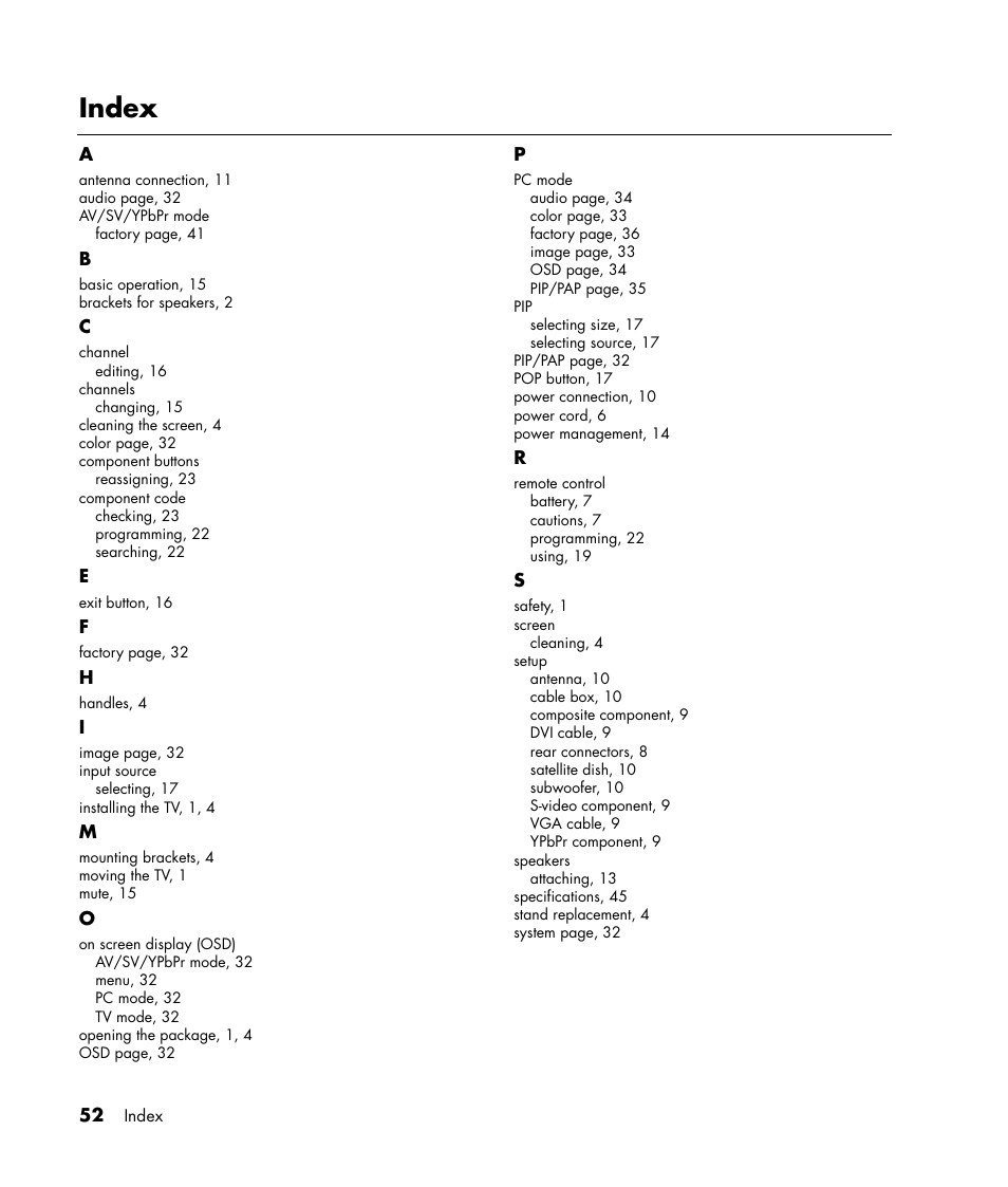 Index | HP LC3040N User Manual | Page 58 / 60
