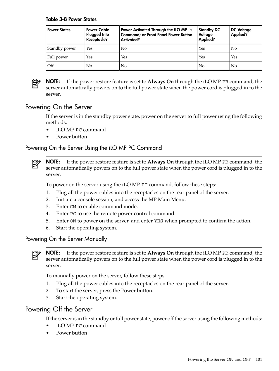 Powering on the server, Powering on the server using the ilo mp pc command, Powering on the server manually | Powering off the server, Power states | HP RP3440 User Manual | Page 101 / 210