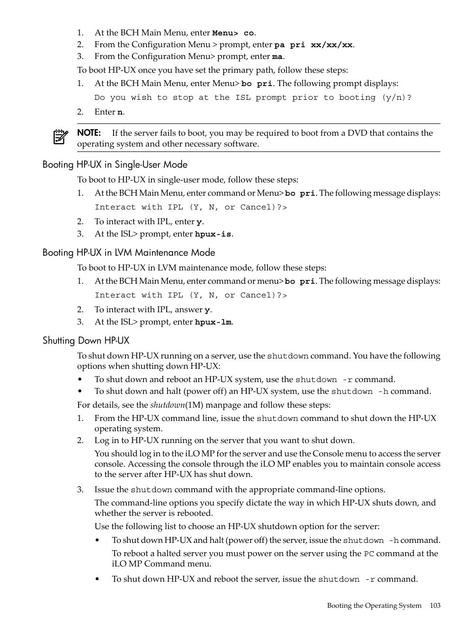 Booting hp-ux in single-user mode, Booting hp-ux in lvm maintenance mode, Shutting down hp-ux | HP RP3440 User Manual | Page 103 / 210